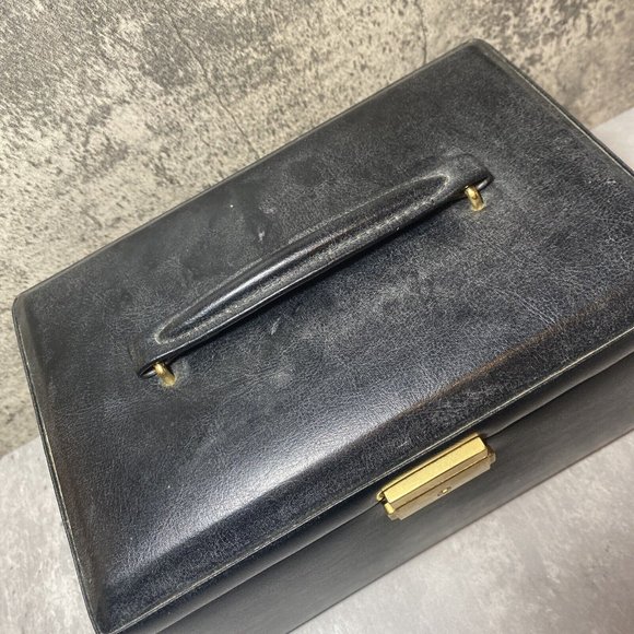 RETRO Black Jewellery Box Travel Case Faux Leather & Key Trays Mirror - Picture 8 of 10